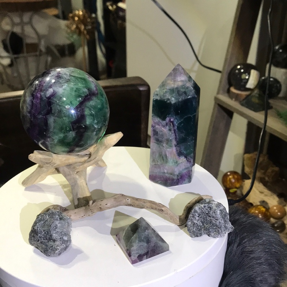 Rainbow fluorite sphere Tower pyramid 2 raw
